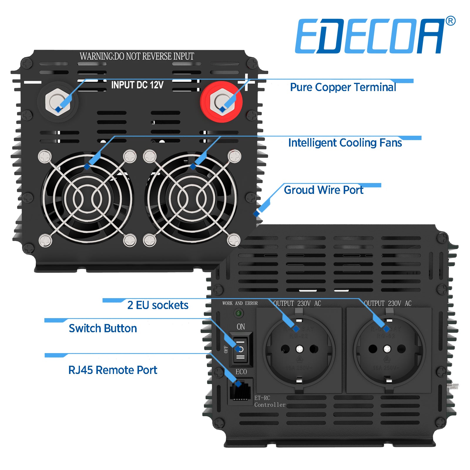 EDECOA 2000W DC 12V AC 220V 230V pure sine wave power inverter