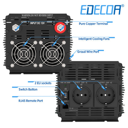 EDECOA 1000 W/2000 W DC 12 V AC 220 V 230 V onduleur à onde sinusoïdale pure