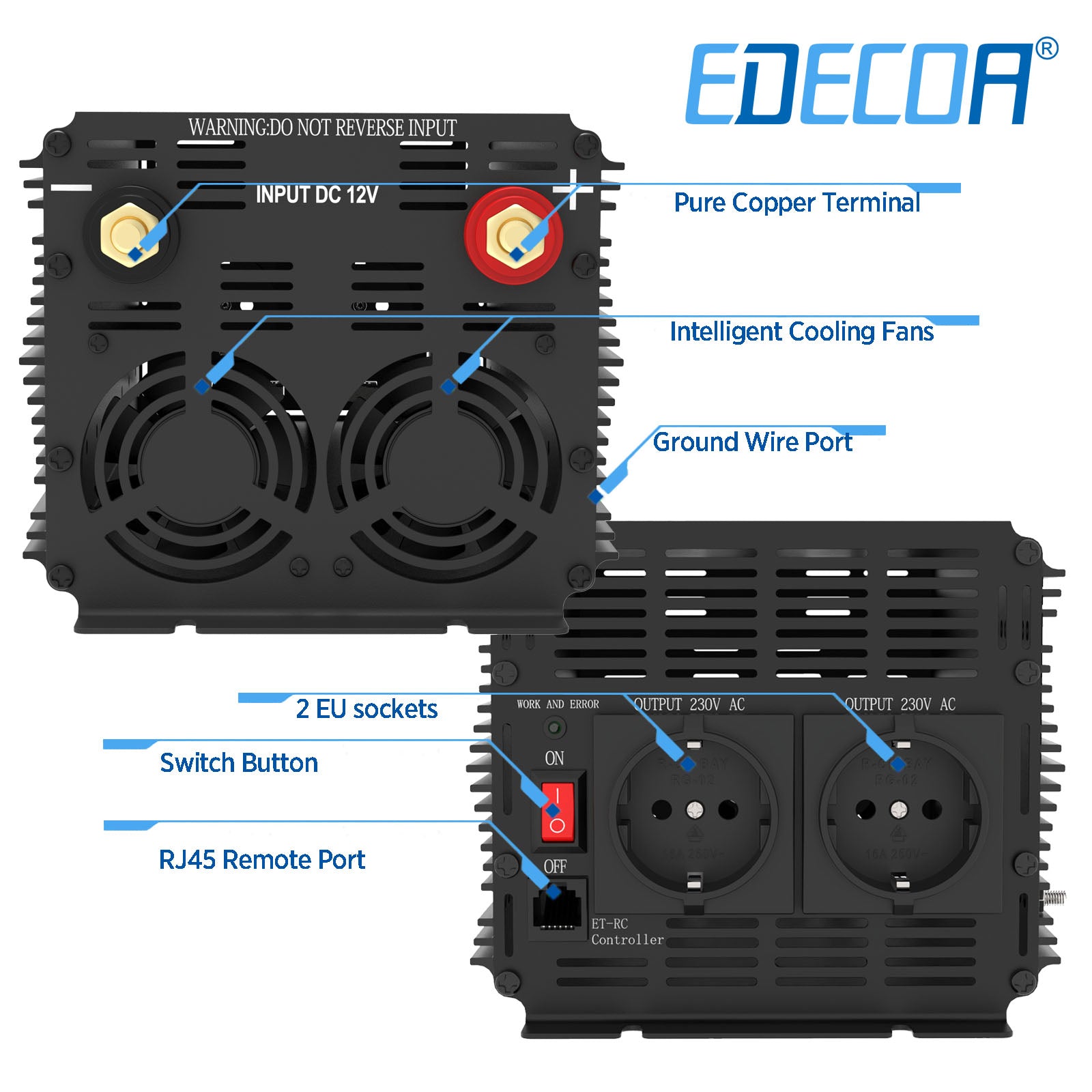 EDECOA 1000 W/2000 W DC 12 V AC 220 V 230 V onduleur à onde sinusoïdale pure