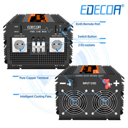 EDECOA 1000W/2000W DC 12V AC 220V 230V reiner Sinus-Wechselrichter