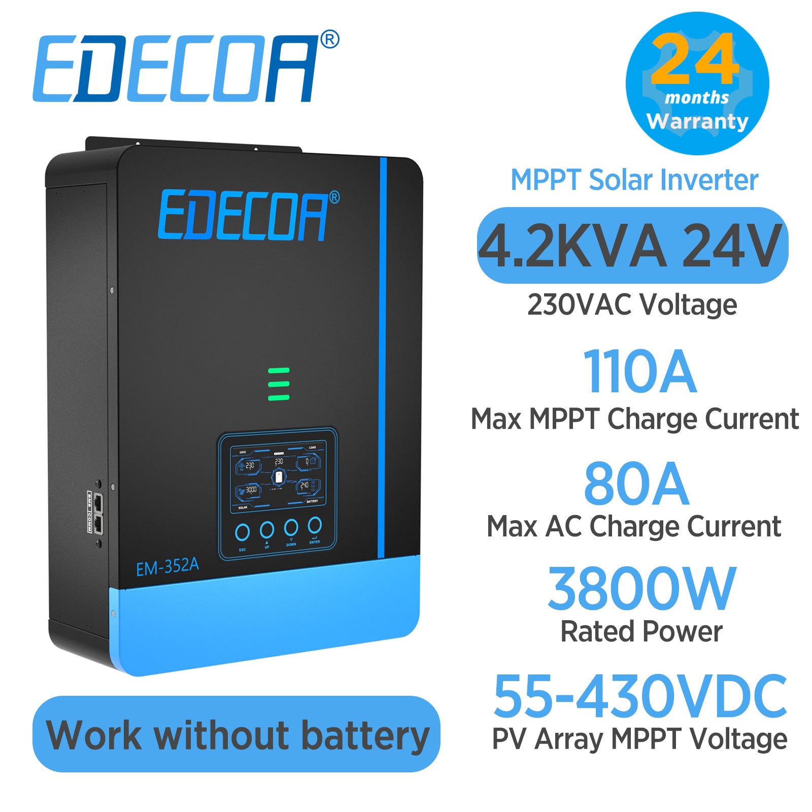 EDECOA Hybrid Solar Inverter 3800W 24V to 220V Pure Sine Wave MPPT 110A PV 55-430VDC