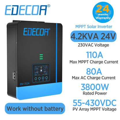 EDECOA Hybrid Solar Inverter 3800W 24V to 220V Pure Sine Wave MPPT 110A PV 55-430VDC