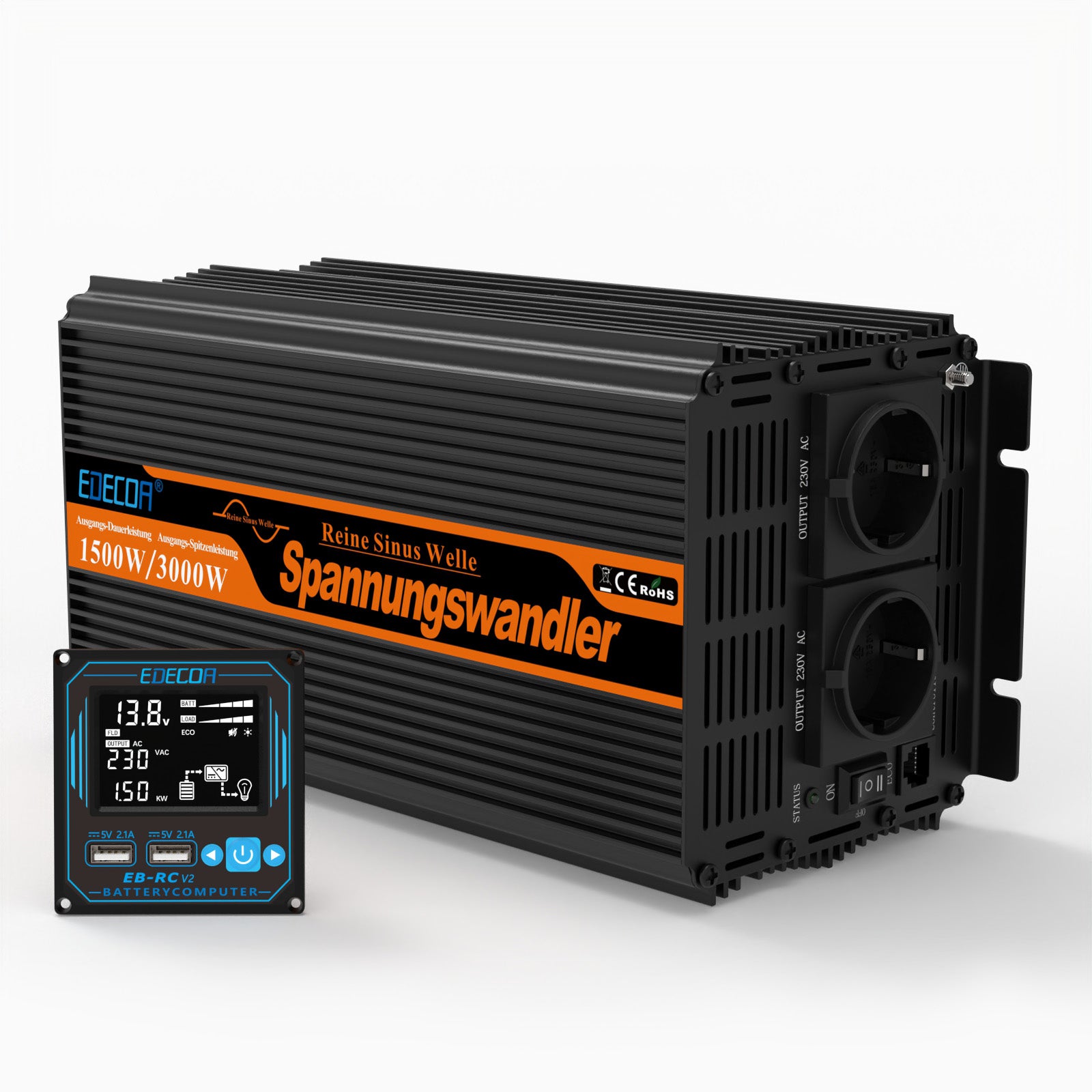 EDECOA 1500W DC 12V AC 220V 230V pure sine wave power inverter bluetooth-compatible