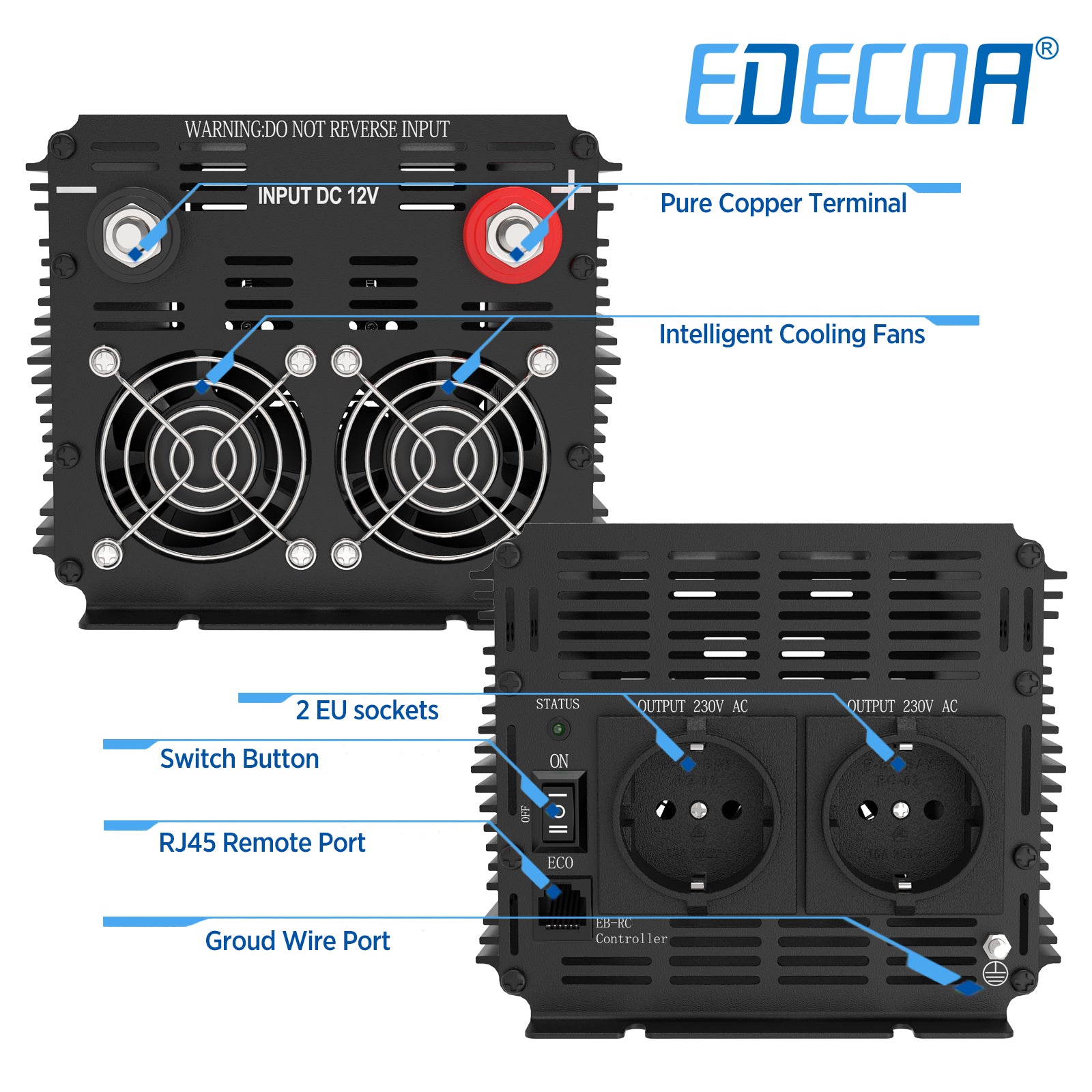 EDECOA 2000W DC 12V AC 220V 230V pure sine wave power inverter bluetooth-compatible