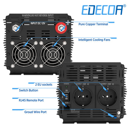 EDECOA 1500W DC 12V AC 220V 230V pure sine wave power inverter bluetooth-compatible