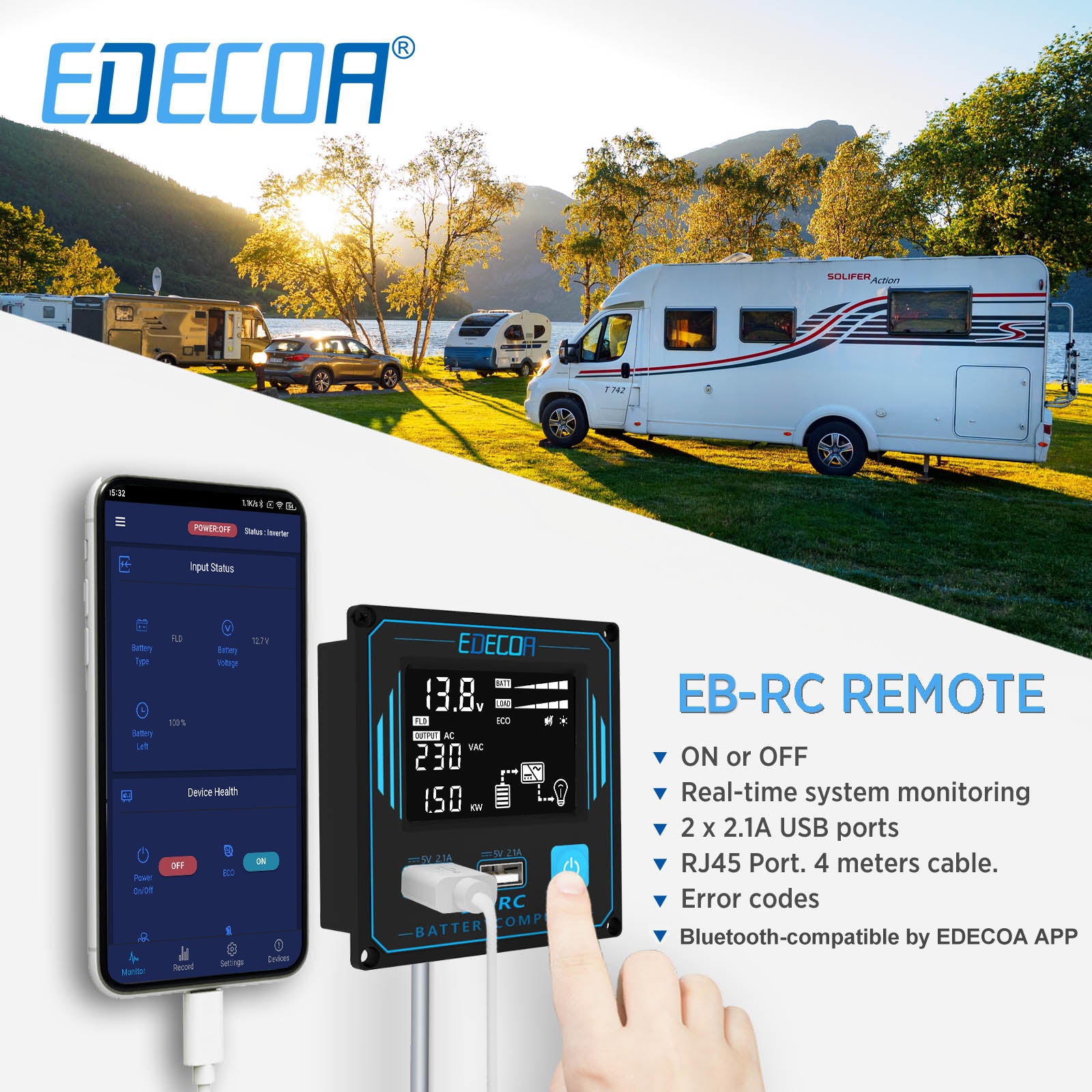 EDECOA 1500W DC 12V AC 220V 230V pure sine wave power inverter bluetooth-compatible