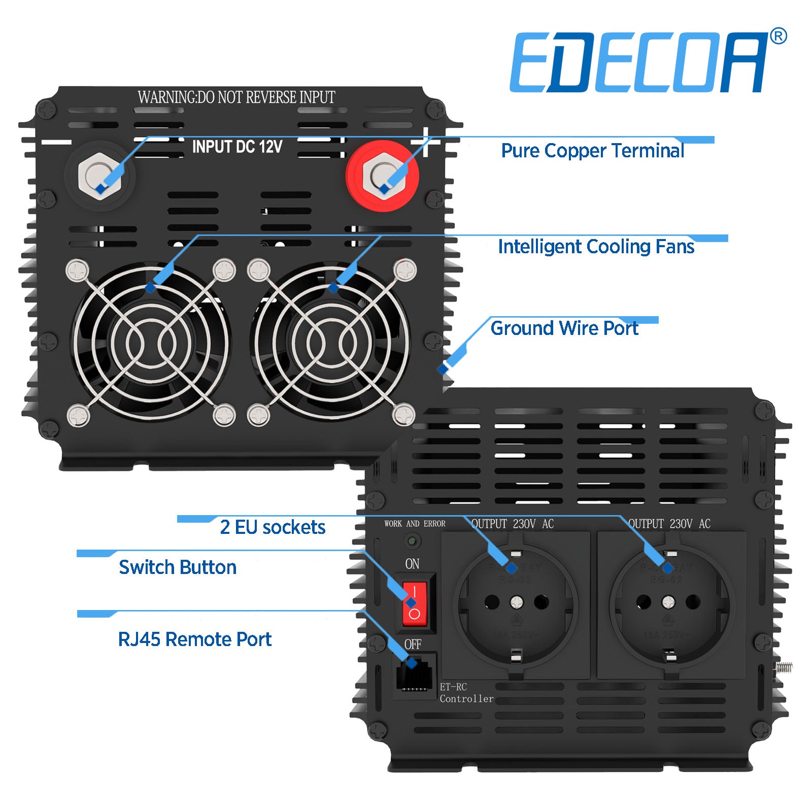 EDECOA 1000W/2000W DC 12V AC 220V 230V reiner Sinus-Wechselrichter